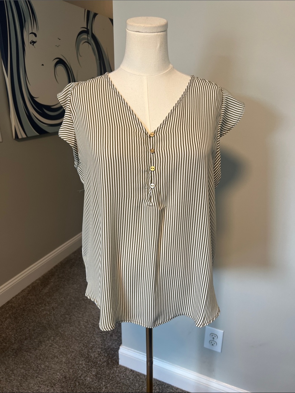 LOFT Outlet Olive & Cream Striped V-Neck Cap-Sleeve Blouse